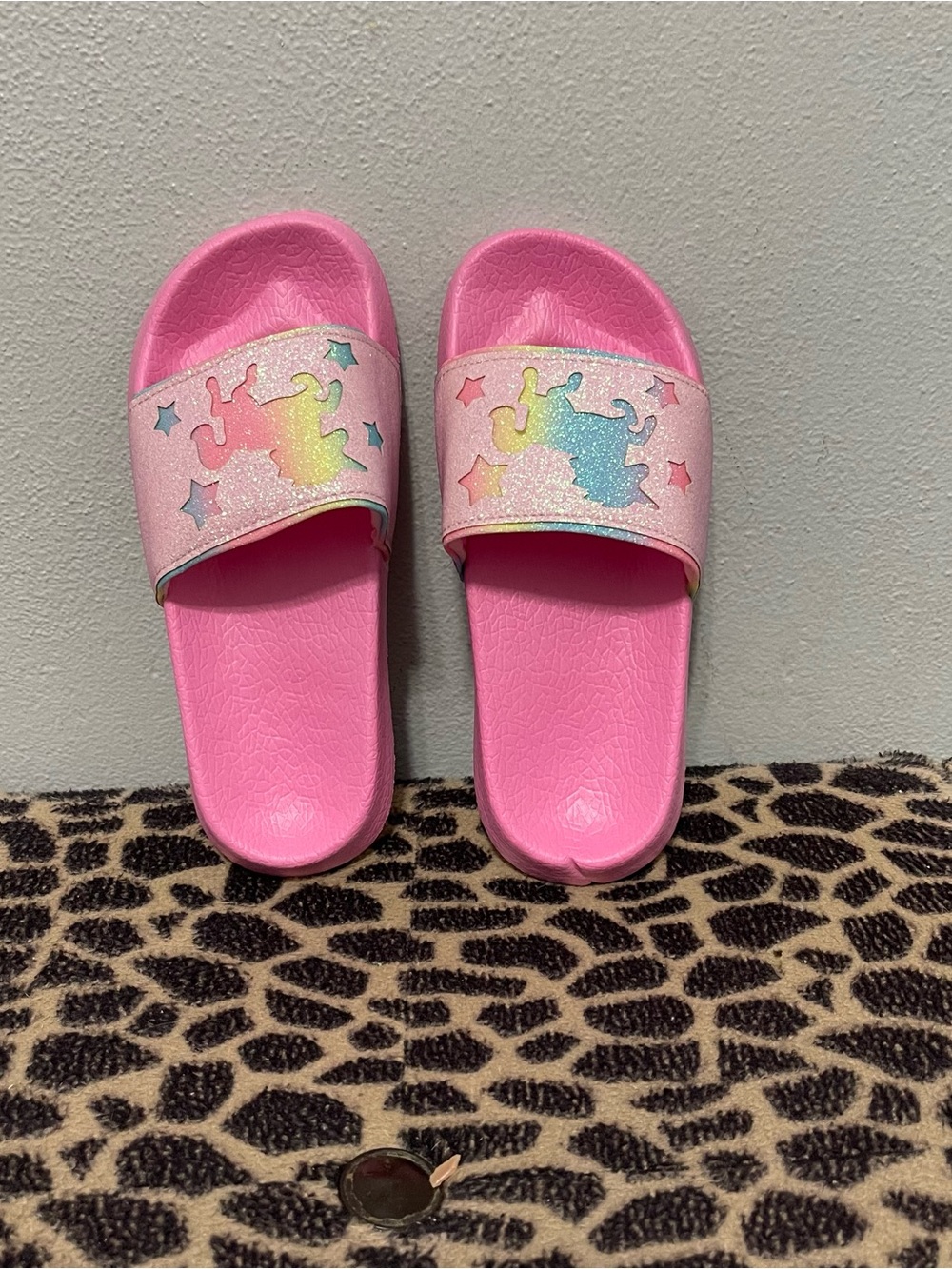 Girls Slip On Unicorn Slides Pink Glitter Kids 1/2